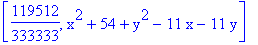 [119512/333333, x^2+54+y^2-11*x-11*y]